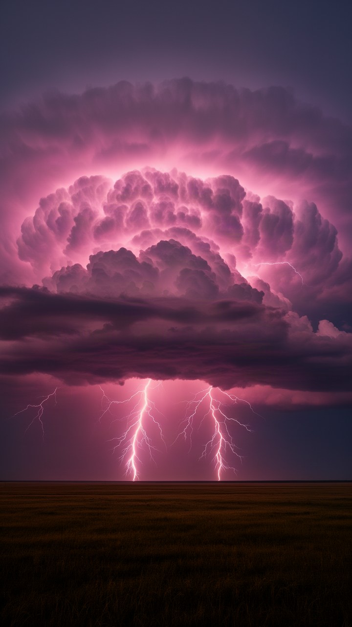 A supercell thunderstorm lit magenta from within