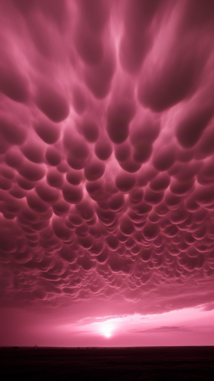 Mammatus clouds hanging in pouches, lit magenta from below