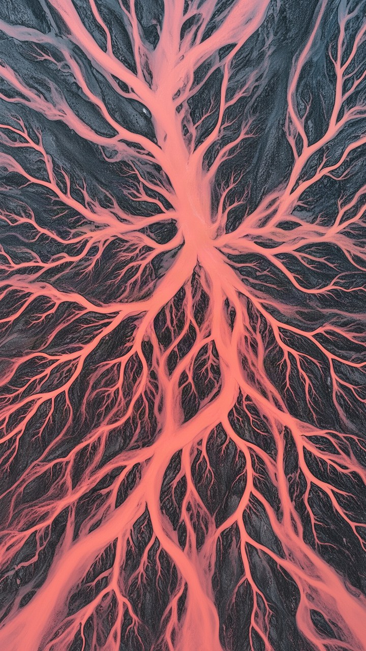 Aerial view of a braided glacial river delta in rose tones