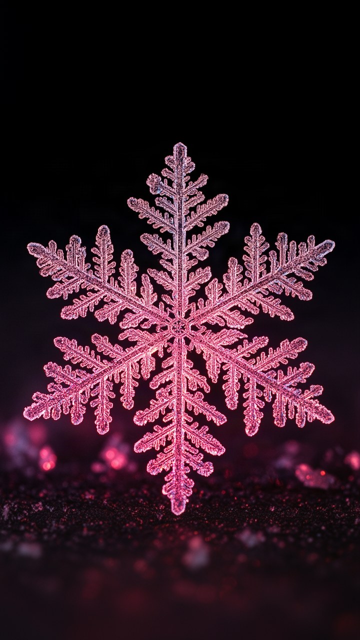 A single six-armed snow crystal in extreme macro, glowing rose