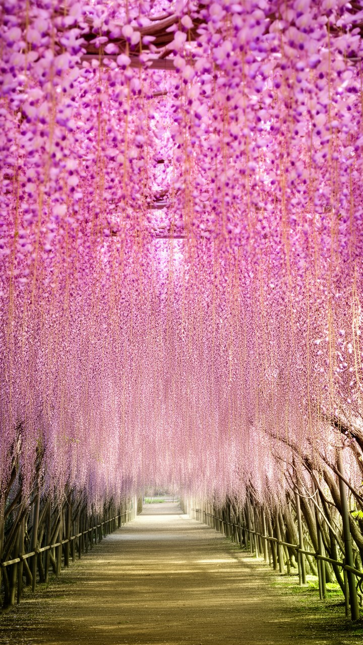 A tunnel of hanging wisteria blossom over an empty path
